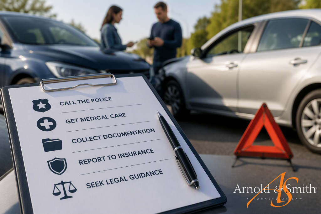 A vehicle accident scene with damaged cars, accident documentation checklist, warning triangle, and Arnold & Smith branding illustrating important post-accident steps.
