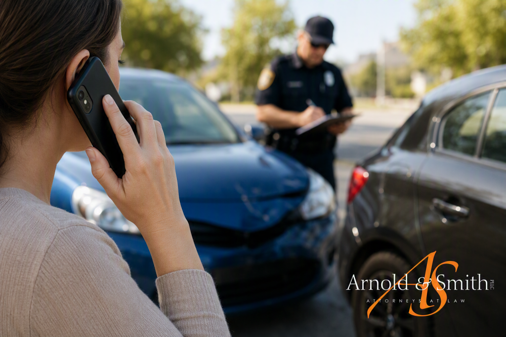 Person using a phone after a vehicle collision while a police officer documents the accident between two damaged cars.