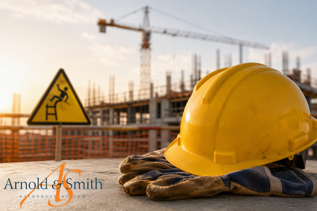 Construction site safety image showing a hard hat, work gloves, and fall hazard sign with ongoing construction work in the background.