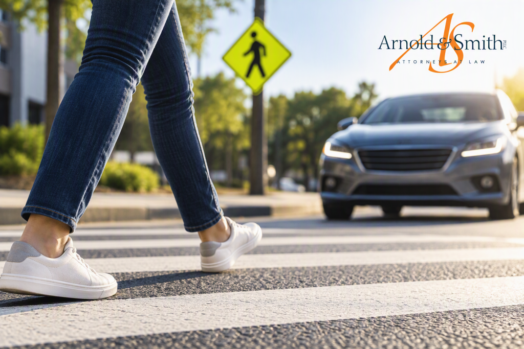 Pedestrian walking through a marked crosswalk while an approaching vehicle slows near a pedestrian crossing sign.
