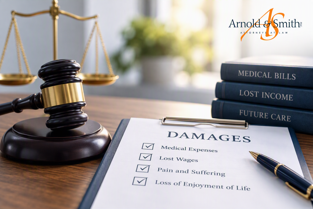 Gavel, scales of justice, and damages checklist illustrating economic and non-economic compensation in a North Carolina personal injury case.